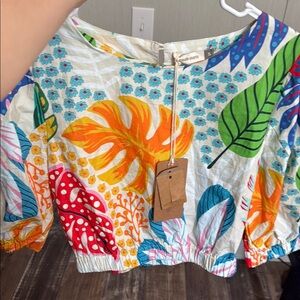 Blue Boxy Crop Top with Tropical Flair